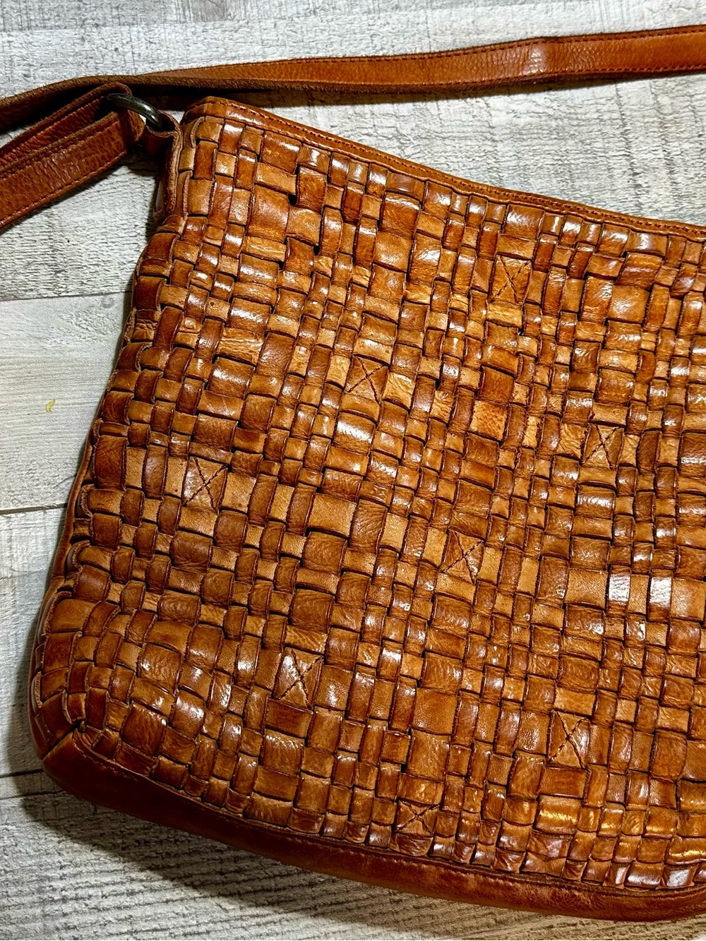 Woven Leather Crossbody Bag - Cognac Brown